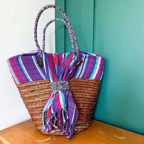 African Beaded Straw Bag Scarf Fringe Closure - Picture 1 of 16